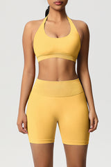 Women Halter Neck Yoga Set: High-Waisted Sculpting Shorts + Backless Sports Bra