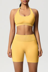 Women Halter Neck Yoga Set: High-Waisted Sculpting Shorts + Backless Sports Bra