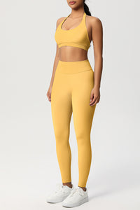 Women Seamless Knit Yoga Set: Halter Back Sports Bra + Sculpting Leggings