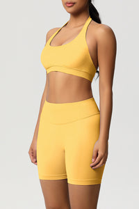Women Halter Neck Yoga Set: High-Waisted Sculpting Shorts + Backless Sports Bra