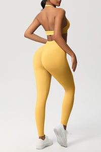 Women Seamless Knit Yoga Set: Halter Back Sports Bra + Sculpting Leggings