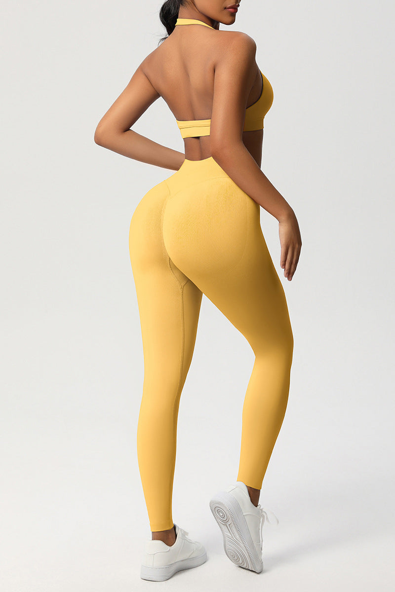 Women Seamless Knit Yoga Set: Halter Back Sports Bra + Sculpting Leggings
