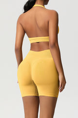 Women Halter Neck Yoga Set: High-Waisted Sculpting Shorts + Backless Sports Bra
