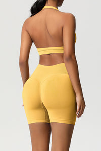 Women Halter Neck Yoga Set: High-Waisted Sculpting Shorts + Backless Sports Bra