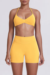Women Halter Neck Yoga Set: High-Waisted Sculpting Shorts + Backless Sports Bra