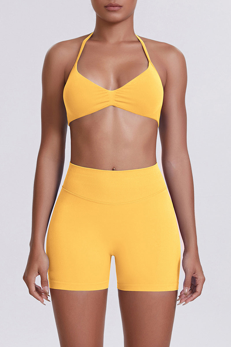 Women Halter Neck Yoga Set: High-Waisted Sculpting Shorts + Backless Sports Bra