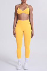 Women Seamless Yoga Set: High-Waisted Sculpting Leggings + Halter Neck Sports Bra