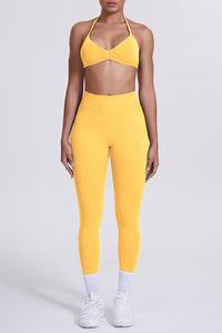 Women Seamless Yoga Set: High-Waisted Sculpting Leggings + Halter Neck Sports Bra