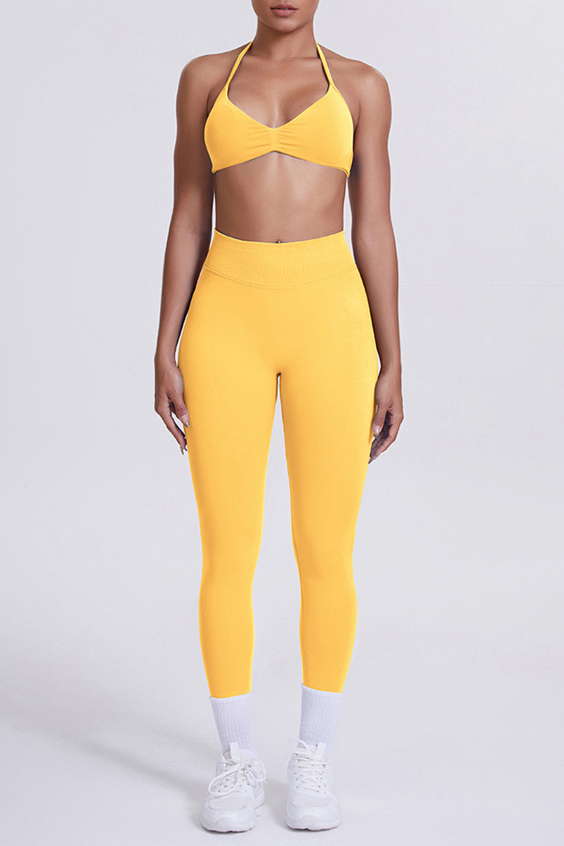 Women Seamless Yoga Set: High-Waisted Sculpting Leggings + Halter Neck Sports Bra