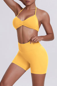Women Halter Neck Yoga Set: High-Waisted Sculpting Shorts + Backless Sports Bra