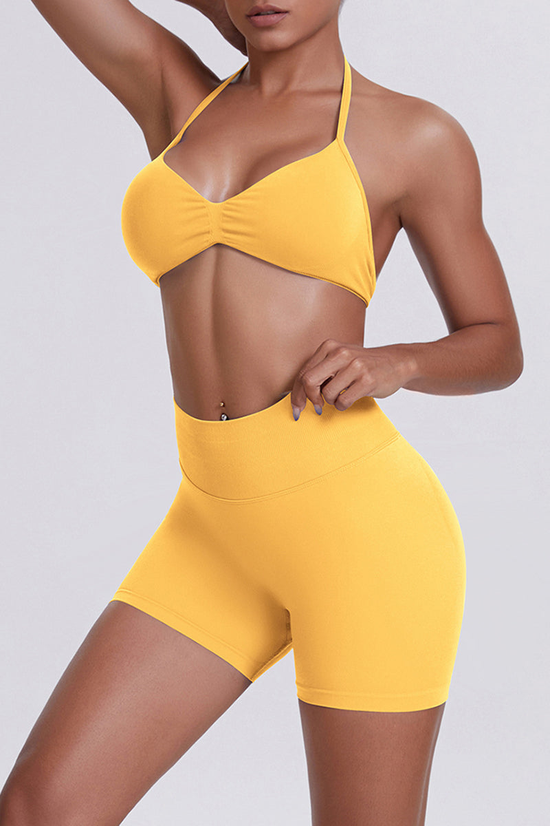 Women Halter Neck Yoga Set: High-Waisted Sculpting Shorts + Backless Sports Bra