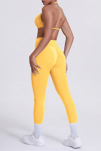 Women Seamless Yoga Set: High-Waisted Sculpting Leggings + Halter Neck Sports Bra