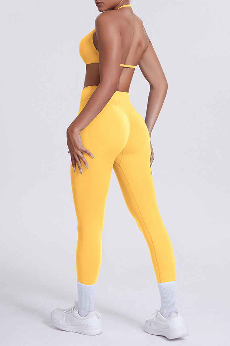 Women Seamless Yoga Set: High-Waisted Sculpting Leggings + Halter Neck Sports Bra