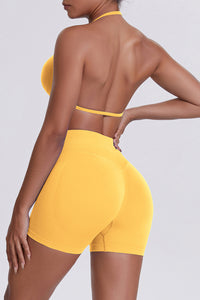 Women Halter Neck Yoga Set: High-Waisted Sculpting Shorts + Backless Sports Bra