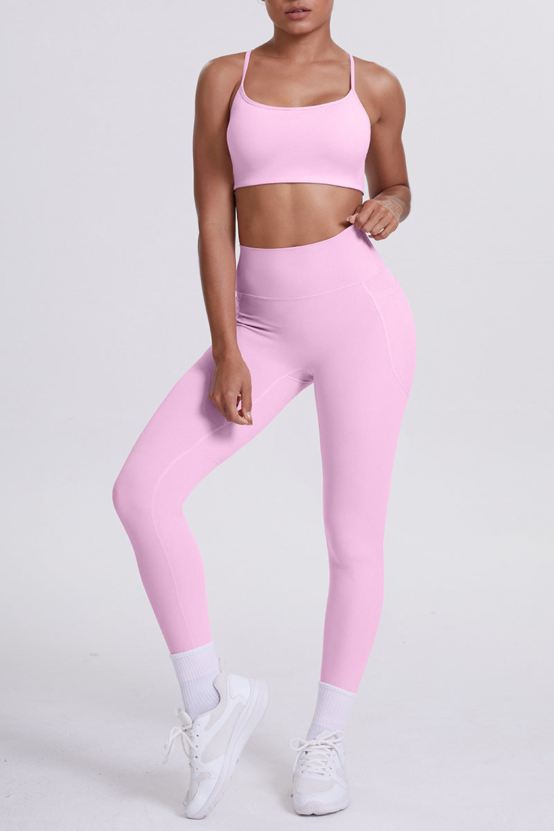 Women High-Waisted Pocket Yoga Set: Seamless Sports Bra + Sculpting Leggings