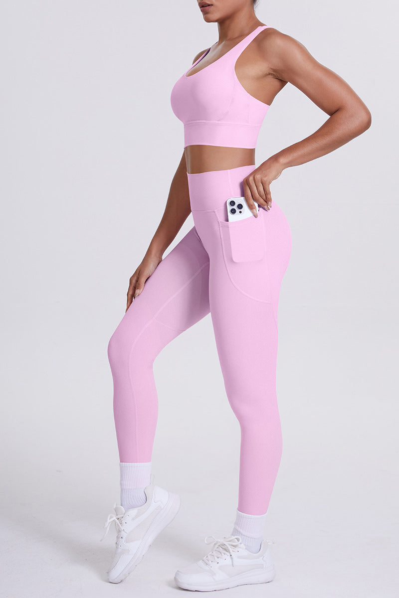 Women Cross-Back Yoga Set: High-Waisted Sculpting Leggings with Pocket + Cloud-Touch Sports Bra
