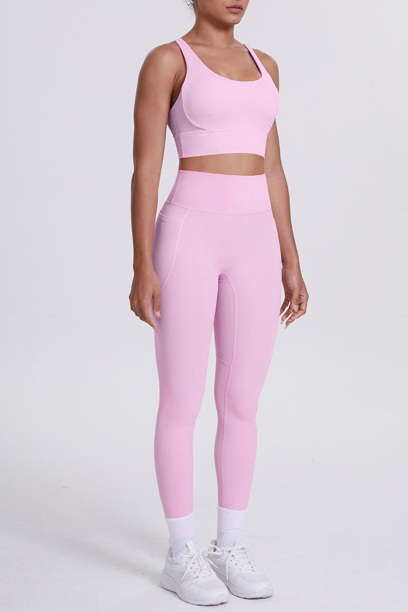 Women Cross-Back Yoga Set: High-Waisted Sculpting Leggings with Pocket + Cloud-Touch Sports Bra