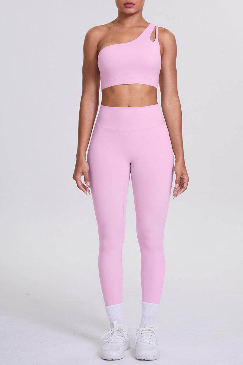 Women One-Shoulder Yoga Set: Naked-Feel High-Waisted Sculpting Leggings + Cross-Back Sports Bra