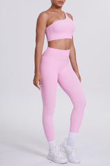 Women One-Shoulder Yoga Set: Naked-Feel High-Waisted Sculpting Leggings + Cross-Back Sports Bra