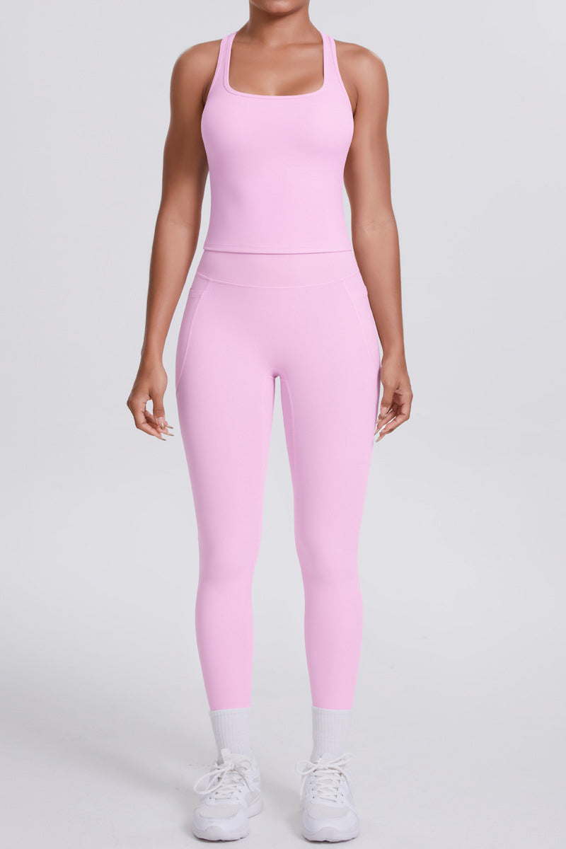 Women Naked-Feel Yoga Set: High-Waisted Pocket Leggings + Square Neck Sports Bra