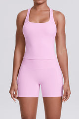 Women Naked-Feel Yoga Set: High-Waisted Sculpting Shorts + Cross-Back Sports Bra