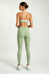 Women's Halter Twist Color-Block Sports Bra & Leggings Set