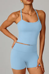 Women Brushed Slim Fit Yoga Set: Square Neck Camisole + High Waist Shorts