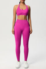 Women Seamless Knit Yoga Set: Halter Back Sports Bra + Sculpting Leggings