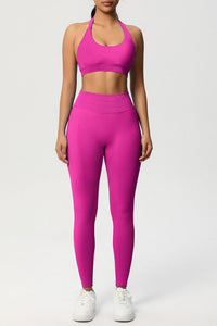 Women Seamless Knit Yoga Set: Halter Back Sports Bra + Sculpting Leggings