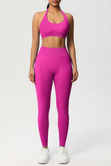 Women Seamless Knit Yoga Set: Halter Back Sports Bra + Sculpting Leggings