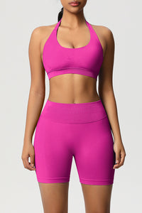 Women Halter Neck Yoga Set: High-Waisted Sculpting Shorts + Backless Sports Bra