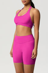 Women Halter Neck Yoga Set: High-Waisted Sculpting Shorts + Backless Sports Bra