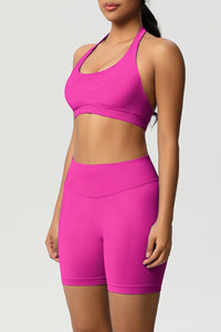 Women Halter Neck Yoga Set: High-Waisted Sculpting Shorts + Backless Sports Bra
