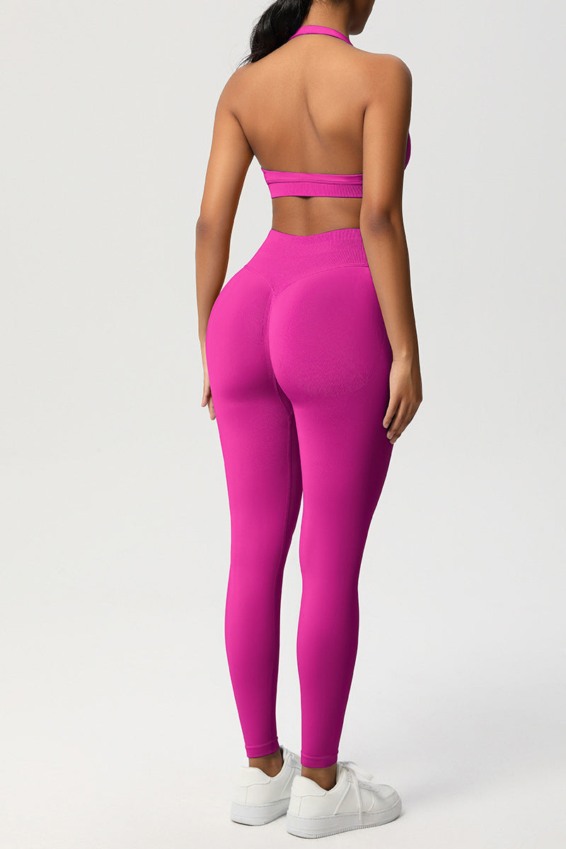 Women Seamless Knit Yoga Set: Halter Back Sports Bra + Sculpting Leggings