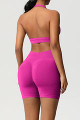 Women Halter Neck Yoga Set: High-Waisted Sculpting Shorts + Backless Sports Bra