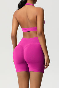 Women Halter Neck Yoga Set: High-Waisted Sculpting Shorts + Backless Sports Bra