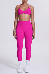 Women Seamless Yoga Set: High-Waisted Sculpting Leggings + Halter Neck Sports Bra