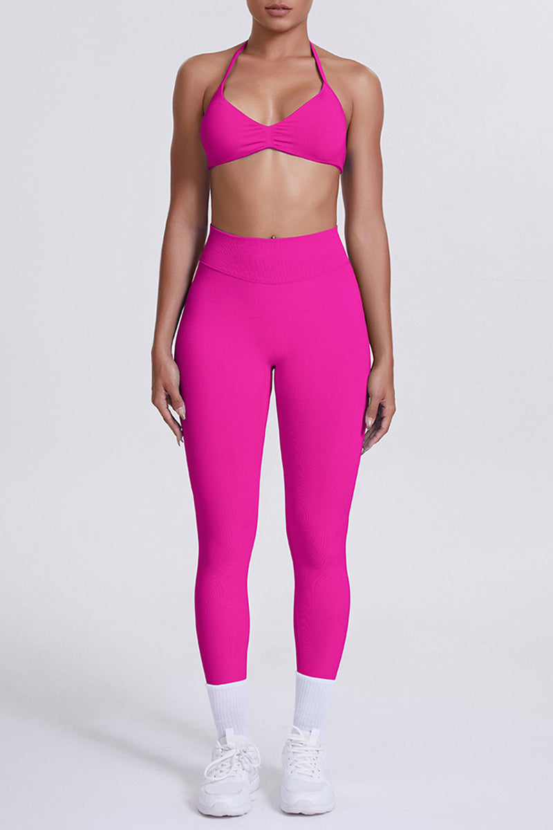 Women Seamless Yoga Set: High-Waisted Sculpting Leggings + Halter Neck Sports Bra