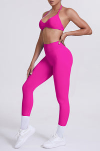 Women Seamless Yoga Set: High-Waisted Sculpting Leggings + Halter Neck Sports Bra
