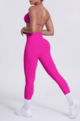 Women Seamless Yoga Set: High-Waisted Sculpting Leggings + Halter Neck Sports Bra
