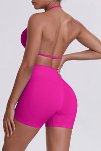 Women Halter Neck Yoga Set: High-Waisted Sculpting Shorts + Backless Sports Bra