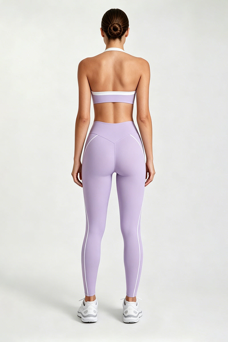 Women's Halter Twist Color-Block Sports Bra & Leggings Set