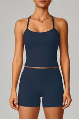 Women Brushed Slim Fit Yoga Set: Square Neck Camisole + High Waist Shorts
