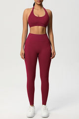 Women Seamless Knit Yoga Set: Halter Back Sports Bra + Sculpting Leggings