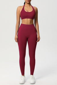 Women Seamless Knit Yoga Set: Halter Back Sports Bra + Sculpting Leggings