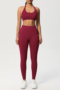 Women Seamless Knit Yoga Set: Halter Back Sports Bra + Sculpting Leggings
