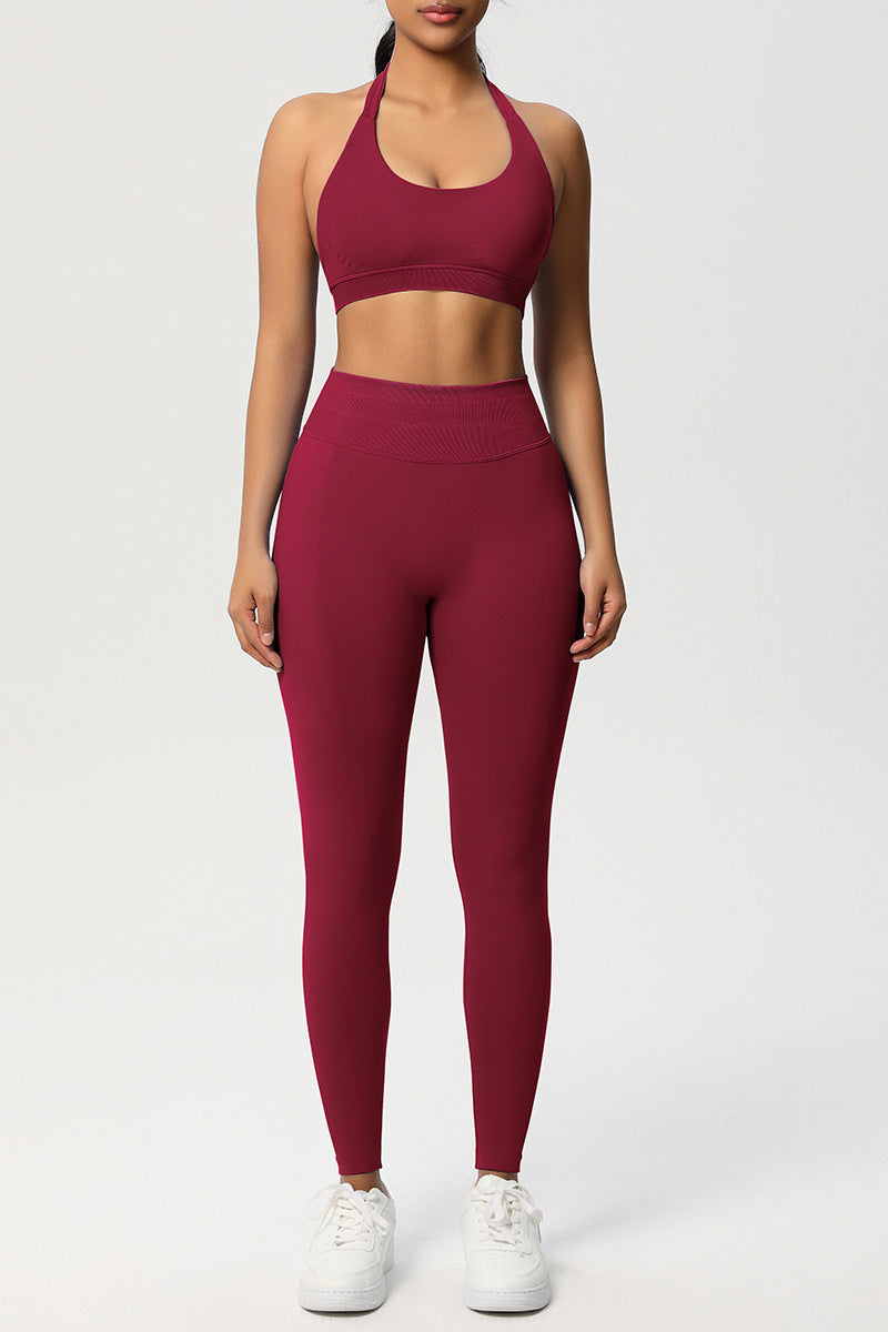 Women Seamless Knit Yoga Set: Halter Back Sports Bra + Sculpting Leggings