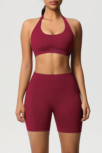 Women Halter Neck Yoga Set: High-Waisted Sculpting Shorts + Backless Sports Bra