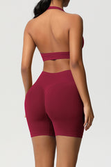 Women Halter Neck Yoga Set: High-Waisted Sculpting Shorts + Backless Sports Bra