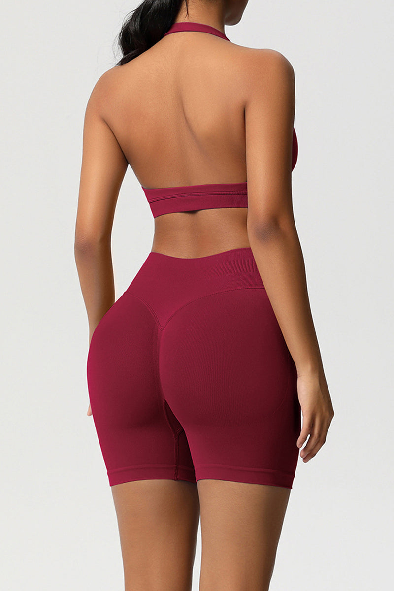 Women Halter Neck Yoga Set: High-Waisted Sculpting Shorts + Backless Sports Bra